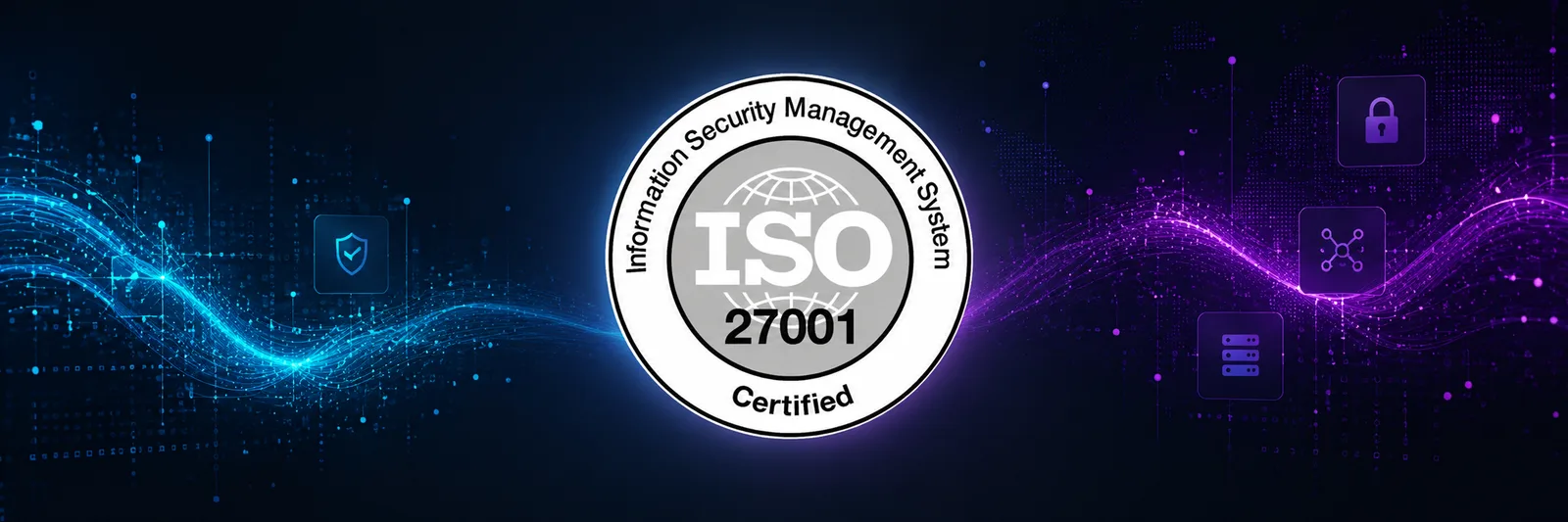 ISO/IEC 27001 zertifiziert – Banner mit Siegel für Informationssicherheits-Managementsystem